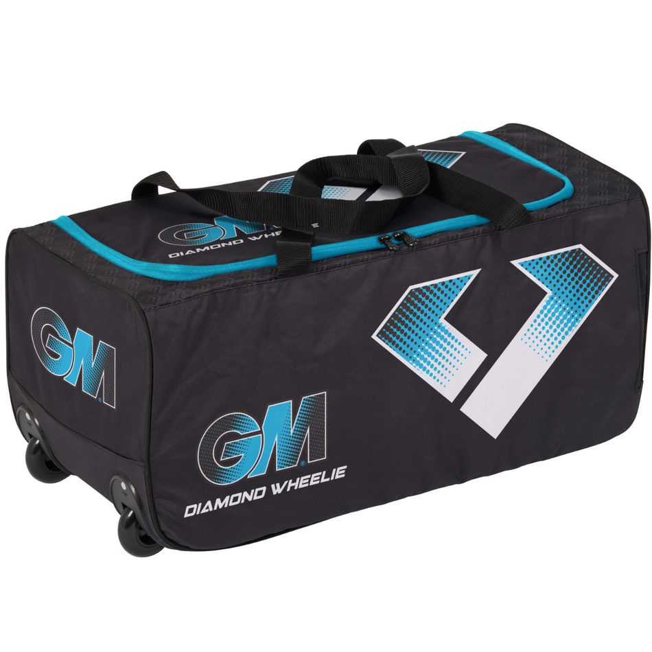 A black rectangular sports bag with blue accents, wheels, handles, and a standout Diamond design. The side displays "Gunn & Moore Diamond Wheelie 2025" and a stylized white and blue Gunn & Moore logo.