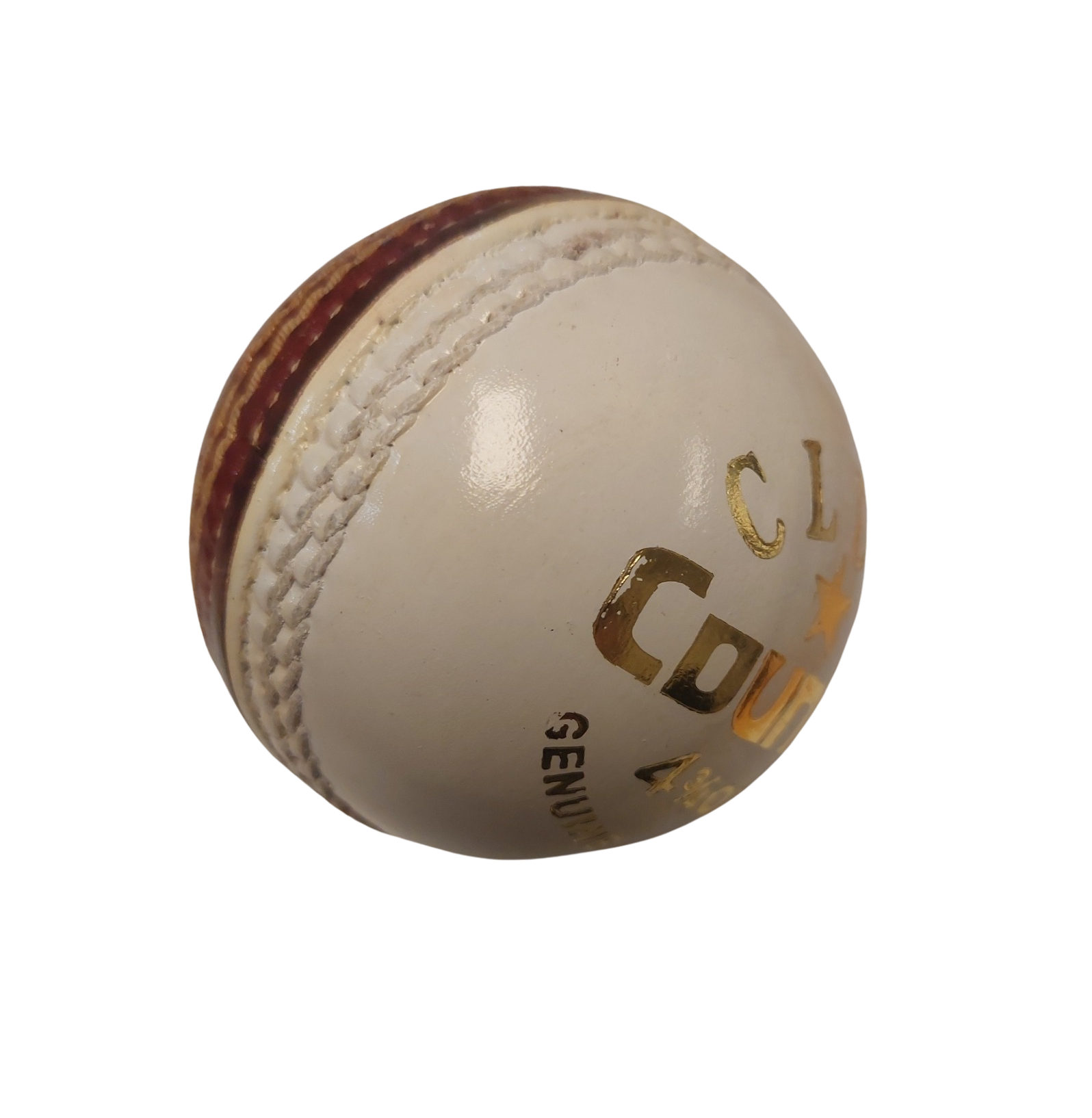 The Hunts County Club Training Ball (Red/White) by Hunts County is a leather cricket ball for training, featuring visible stitching with gold and black text on its white surface, shown against a plain white background.