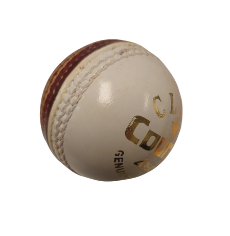 The Hunts County Club Training Ball (Red/White) by Hunts County is a leather cricket ball for training, featuring visible stitching with gold and black text on its white surface, shown against a plain white background.