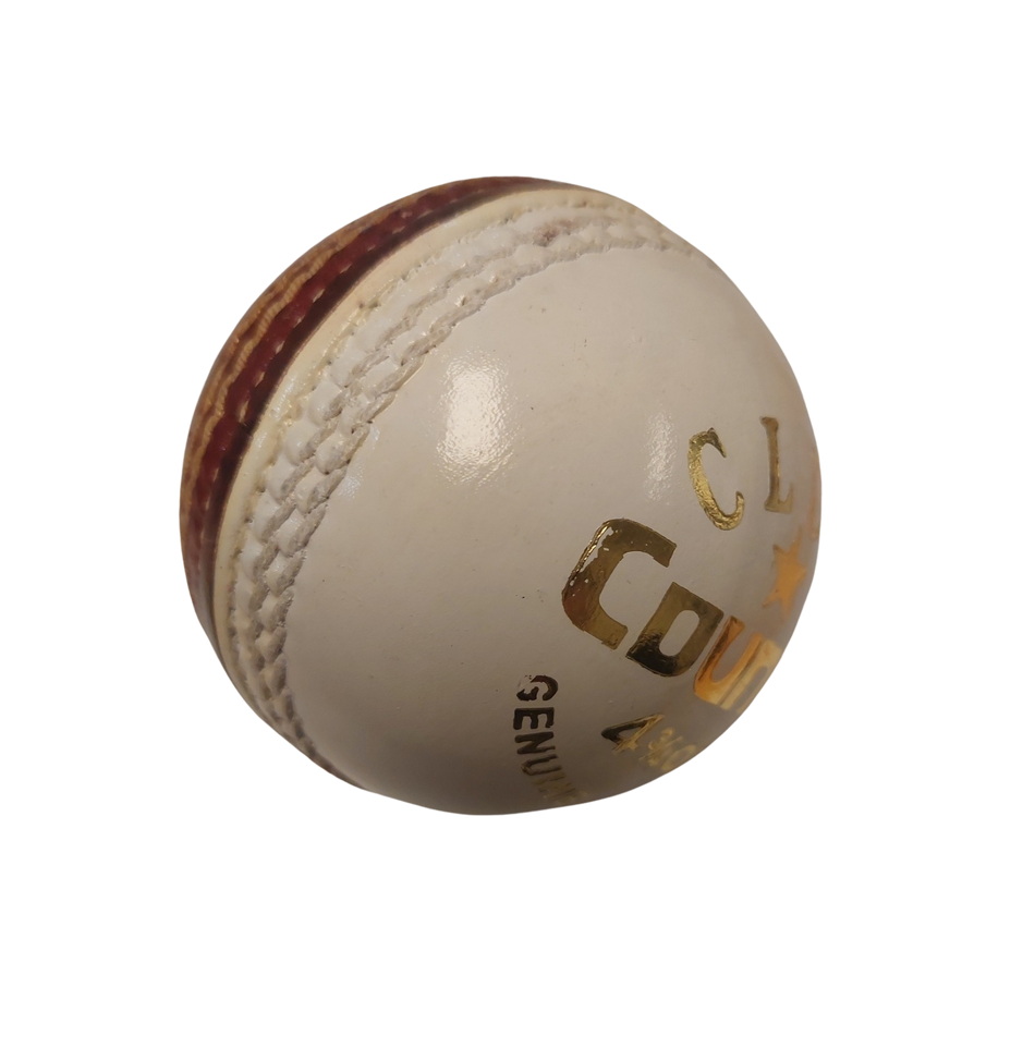The Hunts County Club Training Ball (Red/White) by Hunts County is a leather cricket ball for training, featuring visible stitching with gold and black text on its white surface, shown against a plain white background.