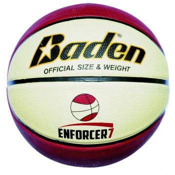 The Baden Sports Enforcer Basket Ball features a cream and red design, Cushion Control Technology for better grip, "Baden" and "Official Size & Weight" printed in black and gold, plus a red basketball logo above "Enforcer 7.