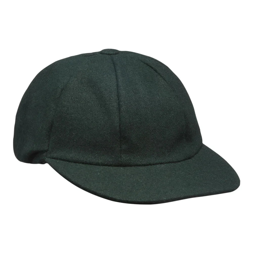 The Bushley CC Baggy Cap by Martin Berrill Sports is a dark green wool baseball cap with six panels, a curved brim, and a button top, featuring the Bushley CC club logo embroidered on the front. Shown on a white background.