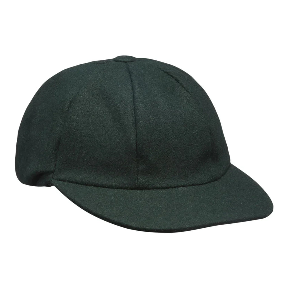 The Bushley CC Baggy Cap by Martin Berrill Sports is a dark green wool baseball cap with six panels, a curved brim, and a button top, featuring the Bushley CC club logo embroidered on the front. Shown on a white background.