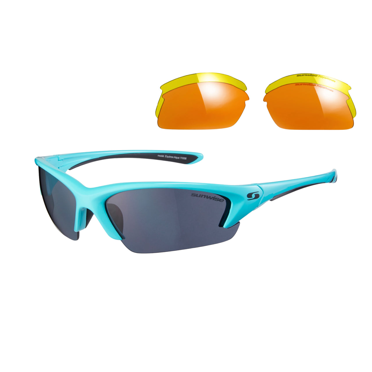 Sunwise Equinox Sunglasses by Sunwise in Aqua feature dark UV-protective lenses and come with an extra set of yellow-tinted interchangeable lenses displayed above.