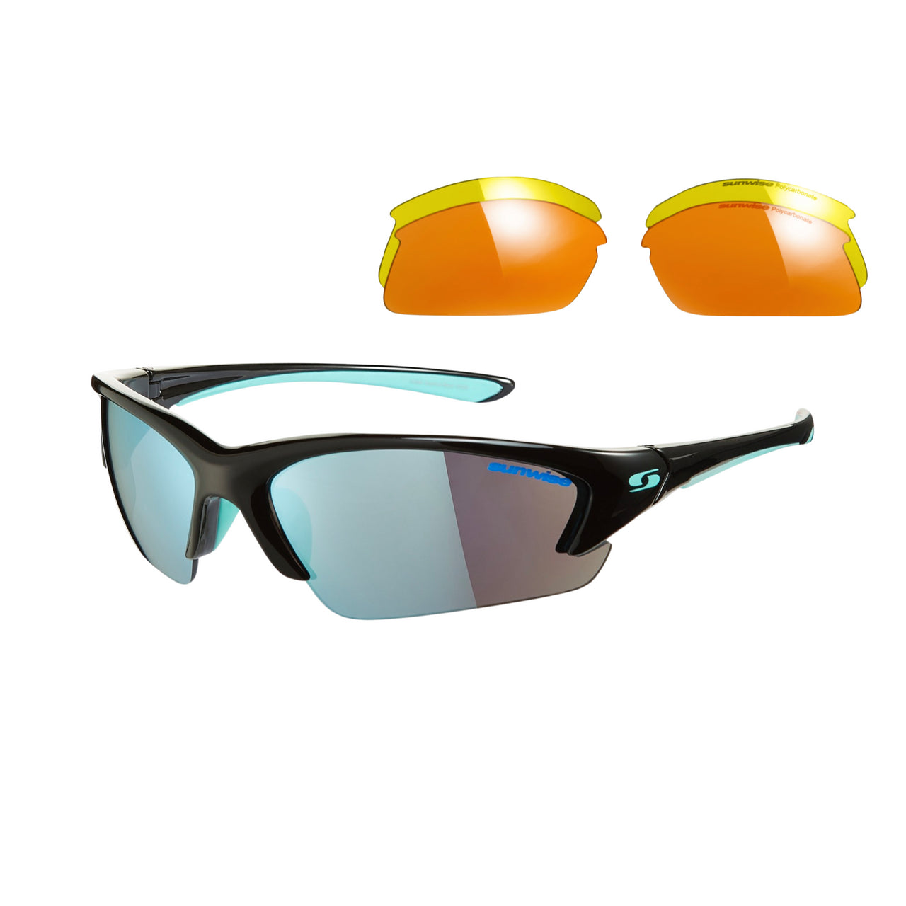 Sunwise Equinox Sunglasses by Sunwise in black with blue accents offer UV protection, mirrored blue-tinted lenses, and include an extra set of interchangeable orange-yellow lenses.