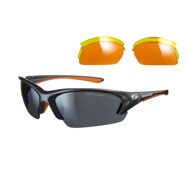 Sunwise Equinox Sunglasses by Sunwise feature grey frames, dark UV-protective lenses, and include an extra pair of yellow-orange interchangeable lenses.