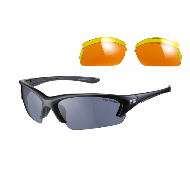 The Sunwise Equinox Sunglasses by Sunwise are shown in Jet with UV protection and interchangeable lenses—dark gray fitted, plus orange-tinted replacements displayed above—all on a white background.