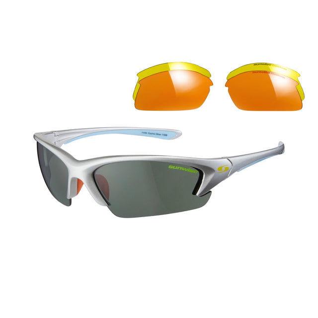 The Sunwise Equinox Sunglasses by Sunwise feature a silver frame, dark lenses, and blue arm accents with UV protection. Two interchangeable yellow-orange tinted lenses are shown above the sunglasses on a white background.