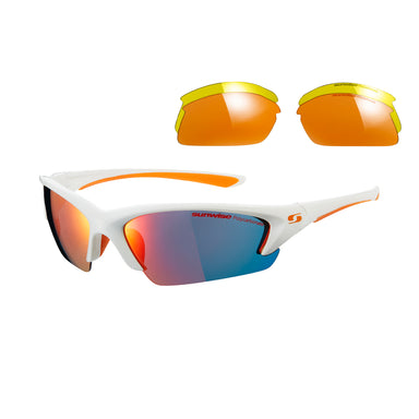 The Sunwise Equinox Sunglasses by Sunwise feature a white frame, blue reflective UV-protected lenses, and come with an extra pair of yellow-orange interchangeable lenses displayed above the glasses.