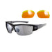 The Sunwise Evenlode Sunglasses by Sunwise feature black and gray wrap-around frames with reflective lenses, plus interchangeable orange-yellow lenses, all displayed on a white background.