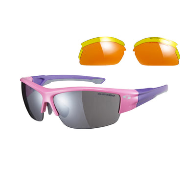Sunwise Evenlode Sunglasses by Sunwise feature purple and pink frames, dark tinted lenses, plus interchangeable orange-yellow lenses for versatile wear. Designed for wrap-around protection, all shown on a white background.