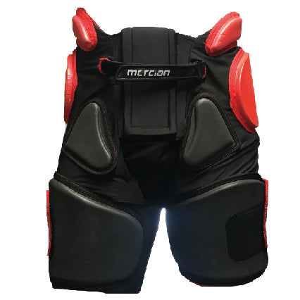 The Mercian Evolution 1 Girdle with Overshorts (Black/Red) offers international level protection for goalkeepers, featuring reinforced padding on thighs and hips for sports safety.