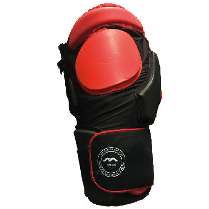 The Mercian Evolution 1 Girdle with Overshorts in black and red offers international level protection for goalkeepers, featuring extra padding and a circular white logo, shown against a white background.