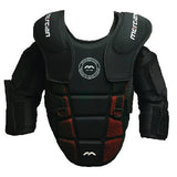 The Mercian Evolution Pro Body Armour offers elite goalkeeper protection with black/red padding, shoulder and chest coverage, arm guards, and Mercian branding—ideal for high-impact saves in sports.