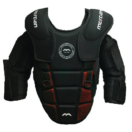 The Mercian Evolution Pro Body Armour offers elite goalkeeper protection with black/red padding, shoulder and chest coverage, arm guards, and Mercian branding—ideal for high-impact saves in sports.