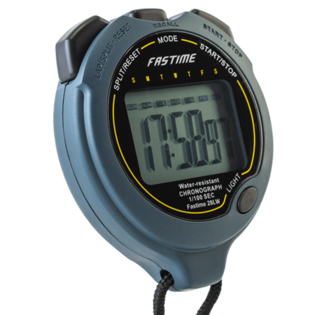The Fastime Fast 28LW Stopwatch is a gray digital sports timer displaying 17:58 in large, easy-to-read numbers, with buttons on the top and side, a black cord attached, and clear function labels on the face. Labeled with the Fastime brand, this backlight stopwatch features an IPX7 waterproof design for enhanced durability and is shock-resistant, making it ideal for both indoor and outdoor activities.