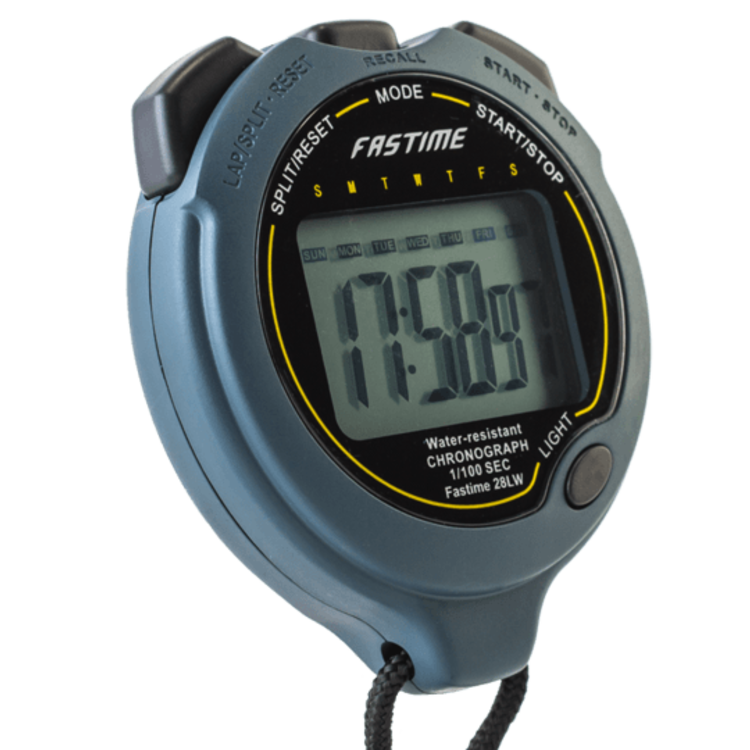 The Fastime Fast 28LW Stopwatch is a gray digital sports timer displaying 17:58 in large, easy-to-read numbers, with buttons on the top and side, a black cord attached, and clear function labels on the face. Labeled with the Fastime brand, this backlight stopwatch features an IPX7 waterproof design for enhanced durability and is shock-resistant, making it ideal for both indoor and outdoor activities.