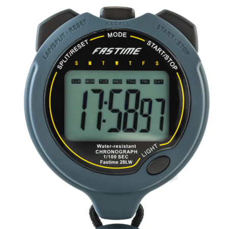 The Fastime Fast 28LW Stopwatch, in gray, displays 17:58.97 on its screen. Days of the week are shown above the time, and various labeled buttons surround the display.