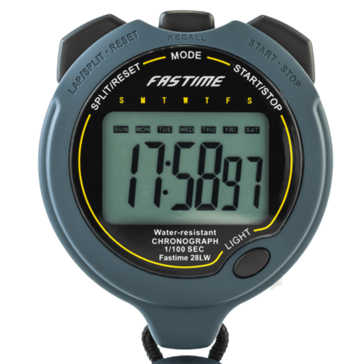 The Fastime Fast 28LW Stopwatch, in gray, displays 17:58.97 on its screen. Days of the week are shown above the time, and various labeled buttons surround the display.