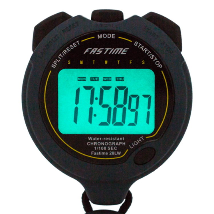 The Fastime Fast 28LW Stopwatch is a shock-resistant digital timer that displays the time 17:58.97 with a blue-green backlight. Days of the week are shown above the time, and it features Split/Reset, Mode, and Start/Stop buttons.