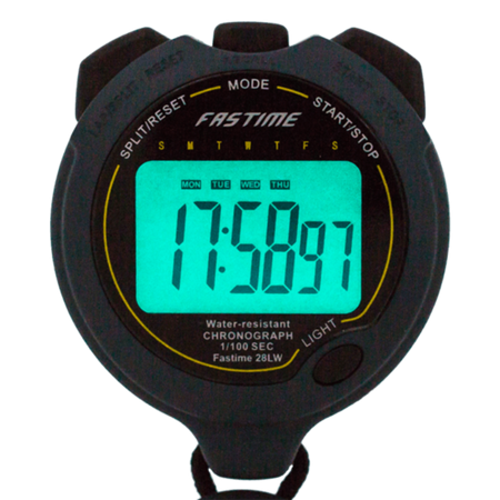 The Fastime Fast 28LW Stopwatch is a shock-resistant digital timer that displays the time 17:58.97 with a blue-green backlight. Days of the week are shown above the time, and it features Split/Reset, Mode, and Start/Stop buttons.