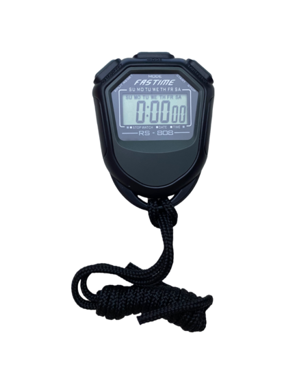 The Fastime Fast RS-808 Stopwatch by Fastime features a large single-digit display showing 0:00:00. It is black, comes with a matching cord, and is photographed against a plain white background.