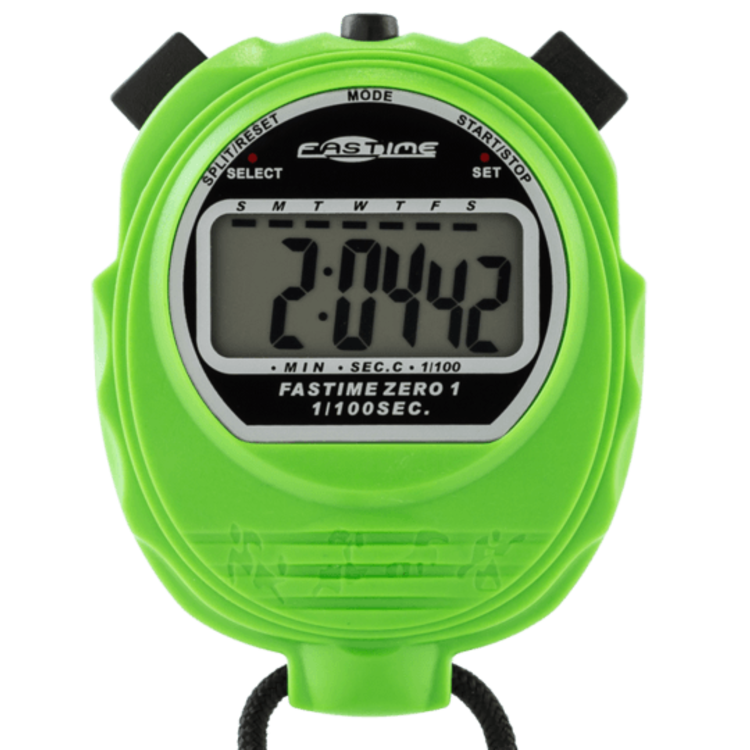 The Fastime 01 Stopwatch by Fastime is a green digital timer showing 2:04.42, featuring black buttons on top and a black lanyard at the bottom—ideal for timing school sports days.