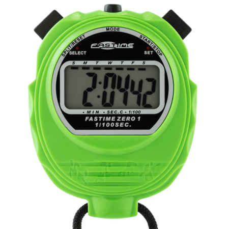 The Fastime 01 Stopwatch by Fastime is a green digital timer showing 2:04.42, featuring black buttons on top and a black lanyard at the bottom—ideal for timing school sports days.