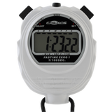 The Fastime 01 Stopwatch by Fastime, in white, features black buttons on top and a black cord at the bottom. Its digital display shows a time of 1:23.22, making it ideal for timing events such as school sports days.