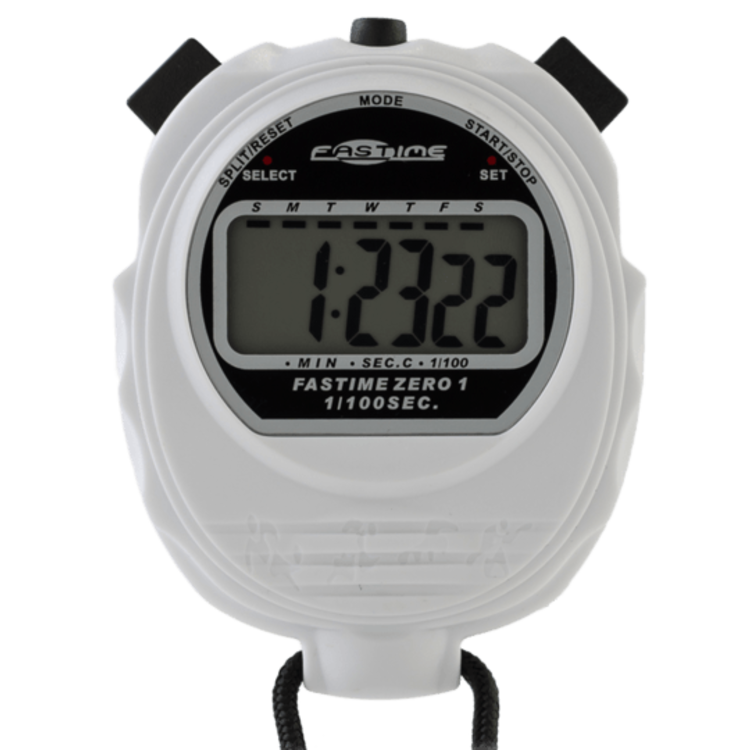 The Fastime 01 Stopwatch by Fastime, in white, features black buttons on top and a black cord at the bottom. Its digital display shows a time of 1:23.22, making it ideal for timing events such as school sports days.