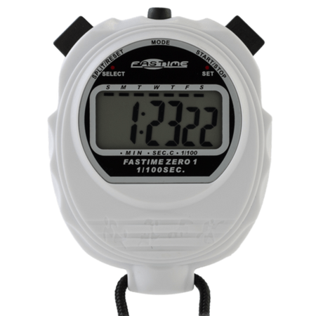 The Fastime 01 Stopwatch by Fastime, in white, features black buttons on top and a black cord at the bottom. Its digital display shows a time of 1:23.22, making it ideal for timing events such as school sports days.