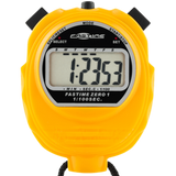 A yellow Fastime 01 Stopwatch by Fastime shows a time of 1:23.53 on its digital screen. Ideal for school sports events, it features black top buttons and a visible black cord at the bottom.