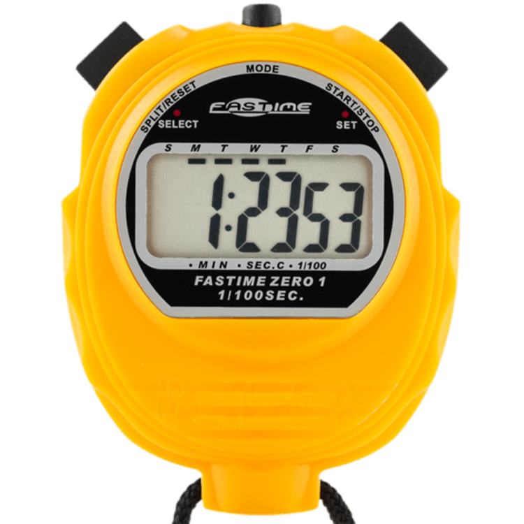 A yellow Fastime 01 Stopwatch by Fastime shows a time of 1:23.53 on its digital screen. Ideal for school sports events, it features black top buttons and a visible black cord at the bottom.