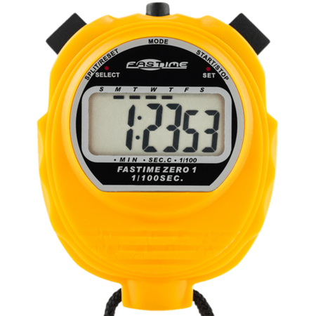 A yellow Fastime 01 Stopwatch by Fastime shows a time of 1:23.53 on its digital screen. Ideal for school sports events, it features black top buttons and a visible black cord at the bottom.