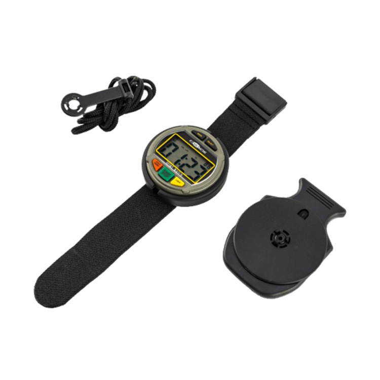 The Fastime 11 Stopwatch by Fastime, equipped with a wrist strap, black clip, and black lanyard, features a convenient countdown timer function—all displayed on a plain white background.