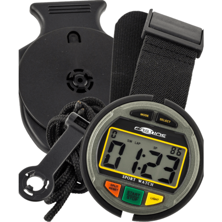 The Fastime 11 Stopwatch by Fastime is a versatile digital stopwatch with a black strap, stopwatch holder, and lanyard—perfect for use as a wrist-mounted timer. The display shows 01:23, and the buttons are labeled Mode, Select, Split/Reset, and Start/Stop. In addition to standard timing functions, the Fastime 11 also includes countdown timer functionality for added convenience.