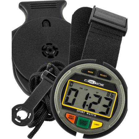 The Fastime 11 Stopwatch by Fastime is a versatile digital stopwatch with a black strap, stopwatch holder, and lanyard—perfect for use as a wrist-mounted timer. The display shows 01:23, and the buttons are labeled Mode, Select, Split/Reset, and Start/Stop. In addition to standard timing functions, the Fastime 11 also includes countdown timer functionality for added convenience.