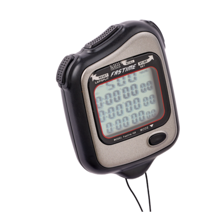 The Fastime 14X Stopwatch by Fastime is a professional sports timer with a black and silver casing. It features a digital display that shows multiple time readings, buttons labeled Reset, Lap/Split, and Start/Stop, and offers a 500-lap memory for tracking extended events. A black cord is attached at the bottom for easy carrying.