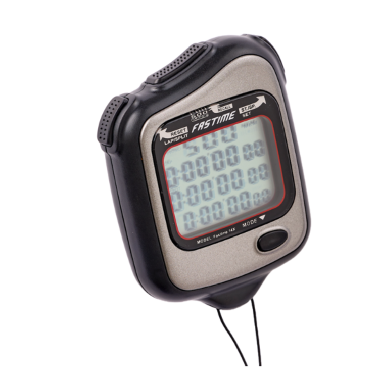 The Fastime 14X Stopwatch by Fastime is a professional sports timer with a black and silver casing. It features a digital display that shows multiple time readings, buttons labeled Reset, Lap/Split, and Start/Stop, and offers a 500-lap memory for tracking extended events. A black cord is attached at the bottom for easy carrying.