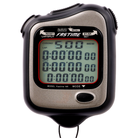The Fastime 14X Stopwatch by Fastime is a digital stopwatch with multiple buttons and a large display that shows zeroes for time and laps. The word “FASTIME” appears above the screen, making it an ideal professional sports timer with a 500-lap memory for accurate performance tracking.