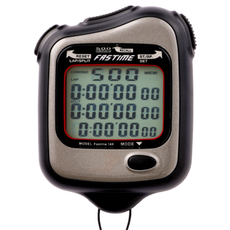 The Fastime 14X Stopwatch by Fastime is a digital stopwatch with multiple buttons and a large display that shows zeroes for time and laps. The word “FASTIME” appears above the screen, making it an ideal professional sports timer with a 500-lap memory for accurate performance tracking.