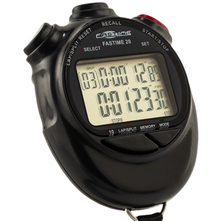 A close-up of the Fastime 20 Stopwatch by Fastime, a black digital stopwatch with dual display and 10-lap memory, showing times on its screen. Labeled buttons for functions such as start, stop, reset, and recall are visible, with the device positioned at a slight angle against a white background.