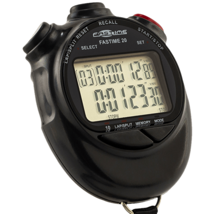 A close-up of the Fastime 20 Stopwatch by Fastime, a black digital stopwatch with dual display and 10-lap memory, showing times on its screen. Labeled buttons for functions such as start, stop, reset, and recall are visible, with the device positioned at a slight angle against a white background.