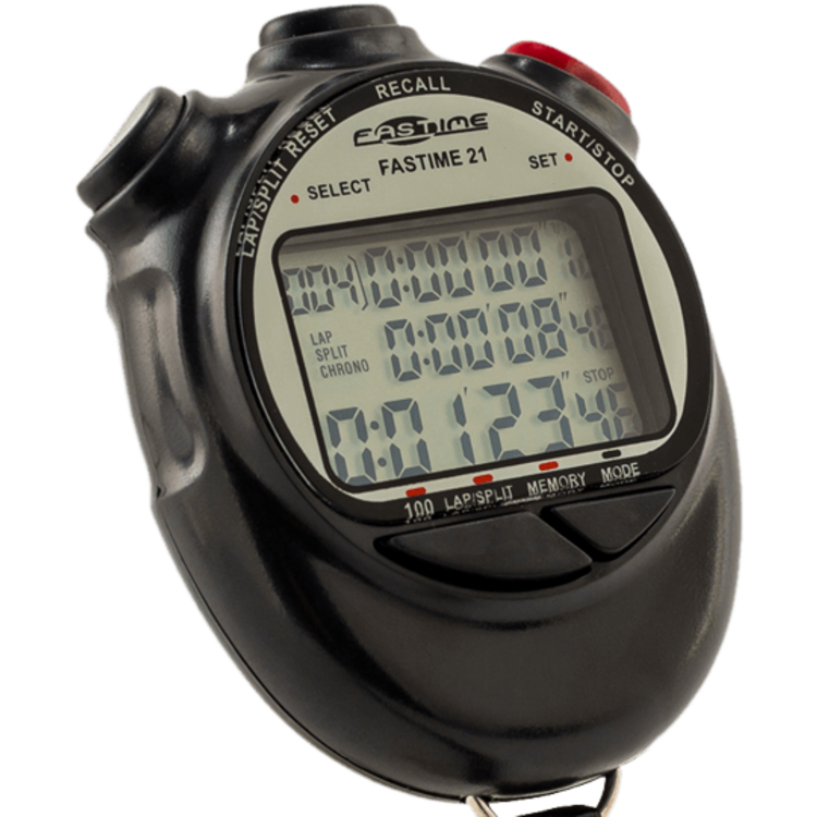 A close-up of the Fastime 21 Stopwatch by Fastime, a black digital stopwatch featuring a triple-row display that shows multiple time readings on its screen, with buttons labeled split/reset, recall, and start/stop clearly visible.