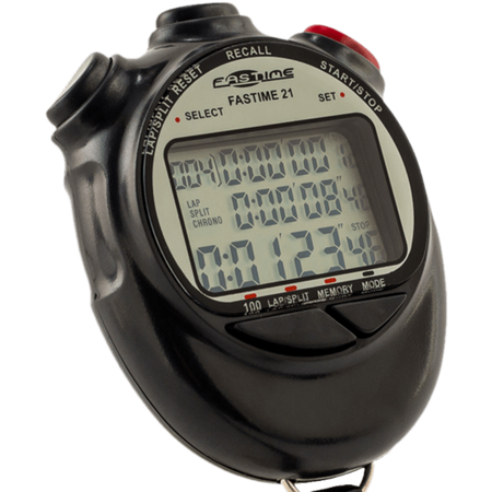 A close-up of the Fastime 21 Stopwatch by Fastime, a black digital stopwatch featuring a triple-row display that shows multiple time readings on its screen, with buttons labeled split/reset, recall, and start/stop clearly visible.