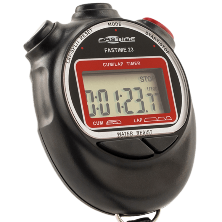 A close-up photo of the Fastime 23 Stopwatch by Fastime, a black digital stopwatch ideal for professional timing and sports coaching, displaying 1 minute, 23.7 seconds on its screen. The device features control buttons labeled for various modes and functions.