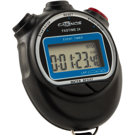 The Fastime 24 Stopwatch by Fastime, in black, displays 1 minute, 23.41 seconds on its screen and features start/stop and reset buttons on top for convenient single-event timing.