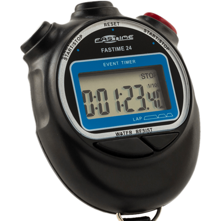 The Fastime 24 Stopwatch by Fastime, in black, displays 1 minute, 23.41 seconds on its screen and features start/stop and reset buttons on top for convenient single-event timing.