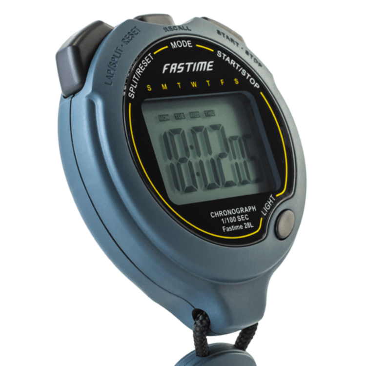 A close-up of the Fastime 28L Stopwatch by Fastime, displaying 18:02:05 on its large jumbo digit display. The gray-bodied stopwatch features dedicated buttons for mode, split/reset, and start/stop functions and comes with a black lanyard attached—ideal for high precision timing during any activity.