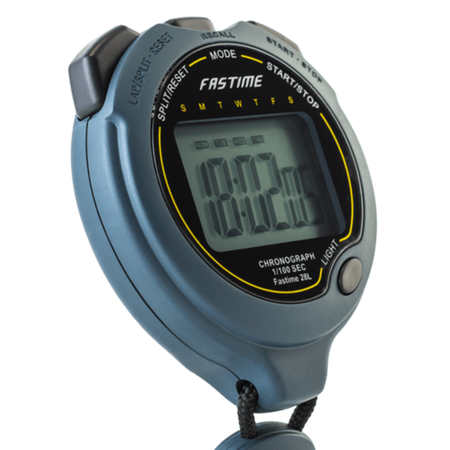A close-up of the Fastime 28L Stopwatch by Fastime, displaying 18:02:05 on its large jumbo digit display. The gray-bodied stopwatch features dedicated buttons for mode, split/reset, and start/stop functions and comes with a black lanyard attached—ideal for high precision timing during any activity.